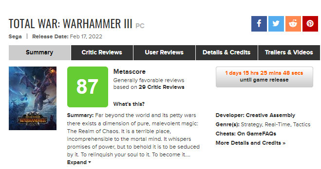 《全面战争：战锤3》媒体评分解禁 MC87表现优异