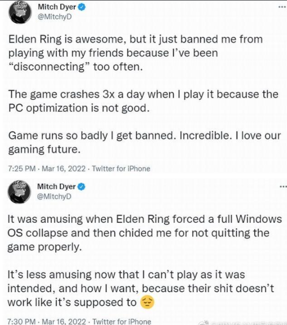 哥谭骑士编剧吐槽：《艾尔登法环》联网差 我掉线频繁被ban