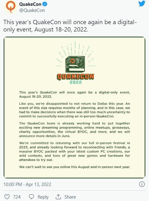 贝塞斯达宣布QuakeCon 2022活动改为线上