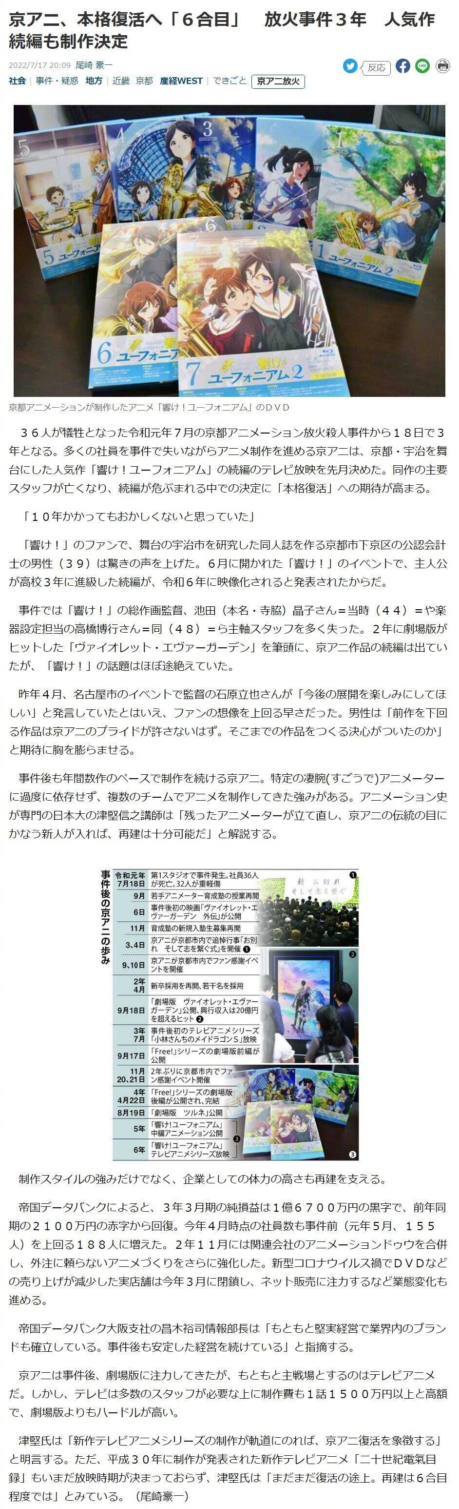 据日媒报道 京阿尼正在全面复苏