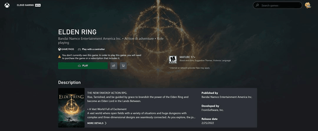 Xbox云游戏页面追加《艾尔登法环》